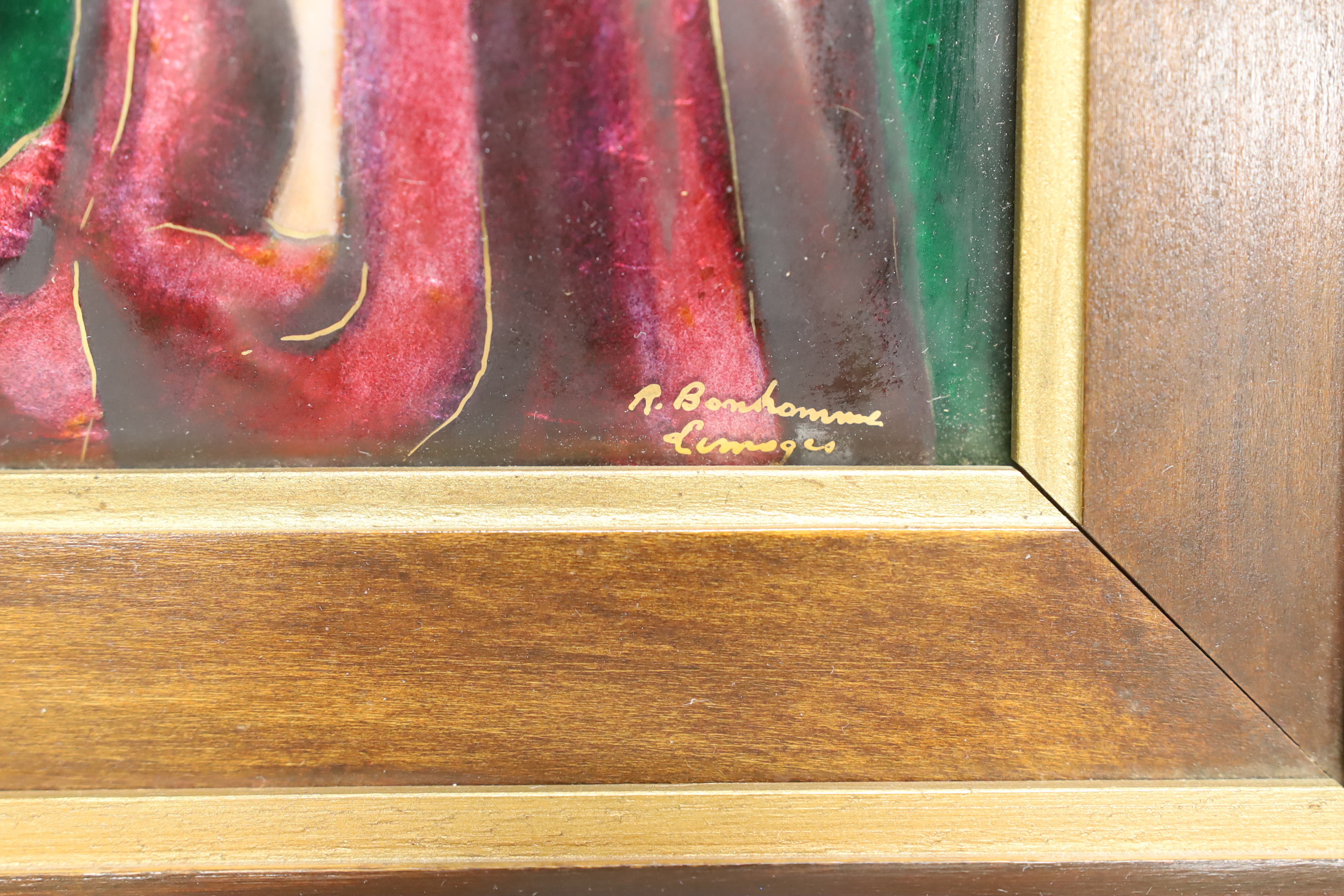 A Limoges enamel on copper portrait plaque of Saint Fabiola, signed Bon Homme, 30 x 27.5cm